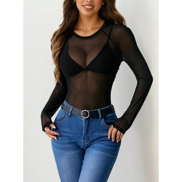 🆕Women Black Sheer Polyester Floral Mesh Top Crew Neck Long Sleeve Going Out - Picture 3 of 4
